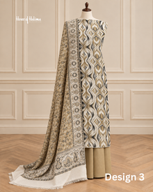 3 Piece Unstitched Alpine Winter Suit – Printed Kameez, Trouser & Woven Shawl | 3 Designs