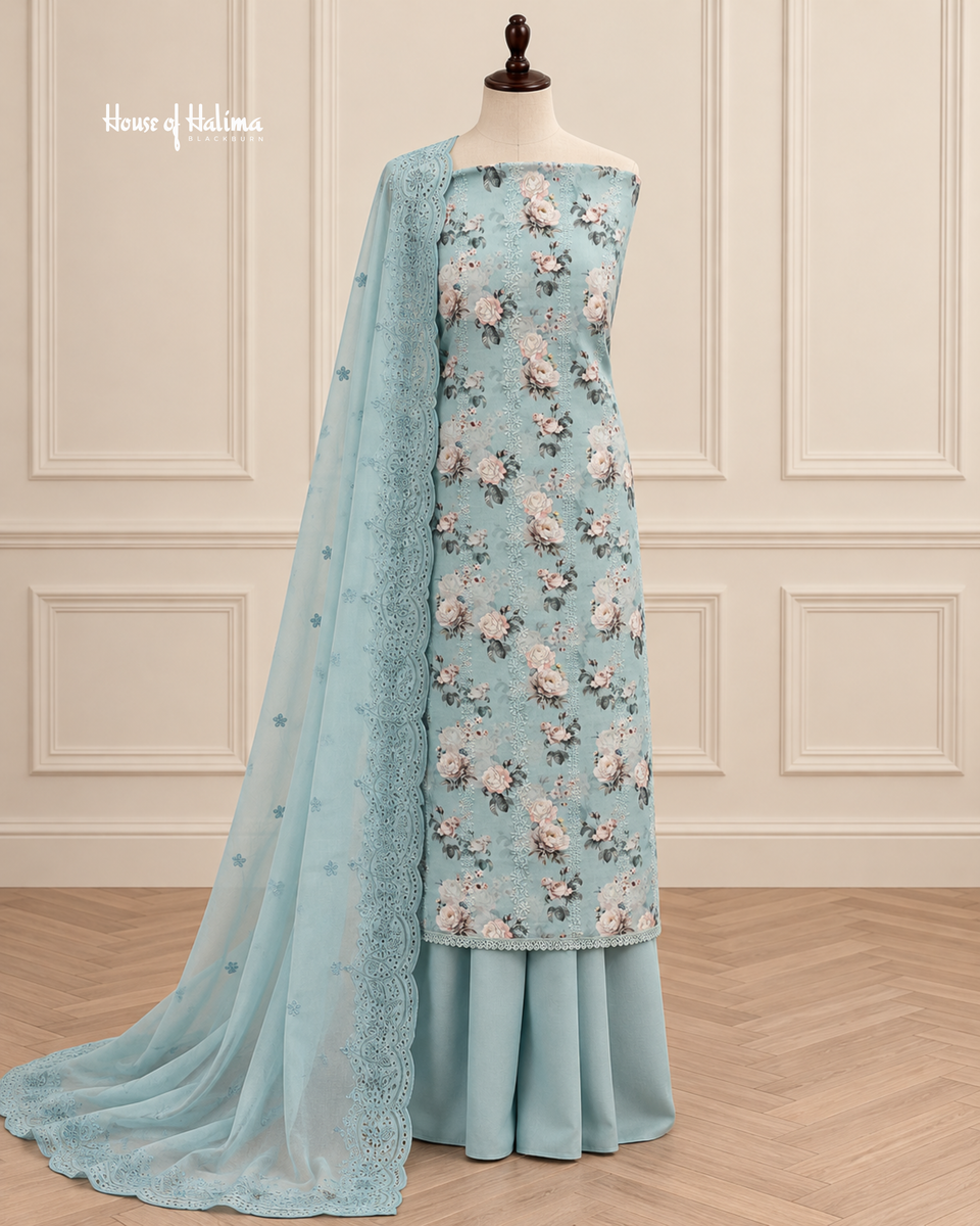 3 Piece Embroidered Cotton Lawn Suit with Rose Floral Print & Scalloped Dupatta