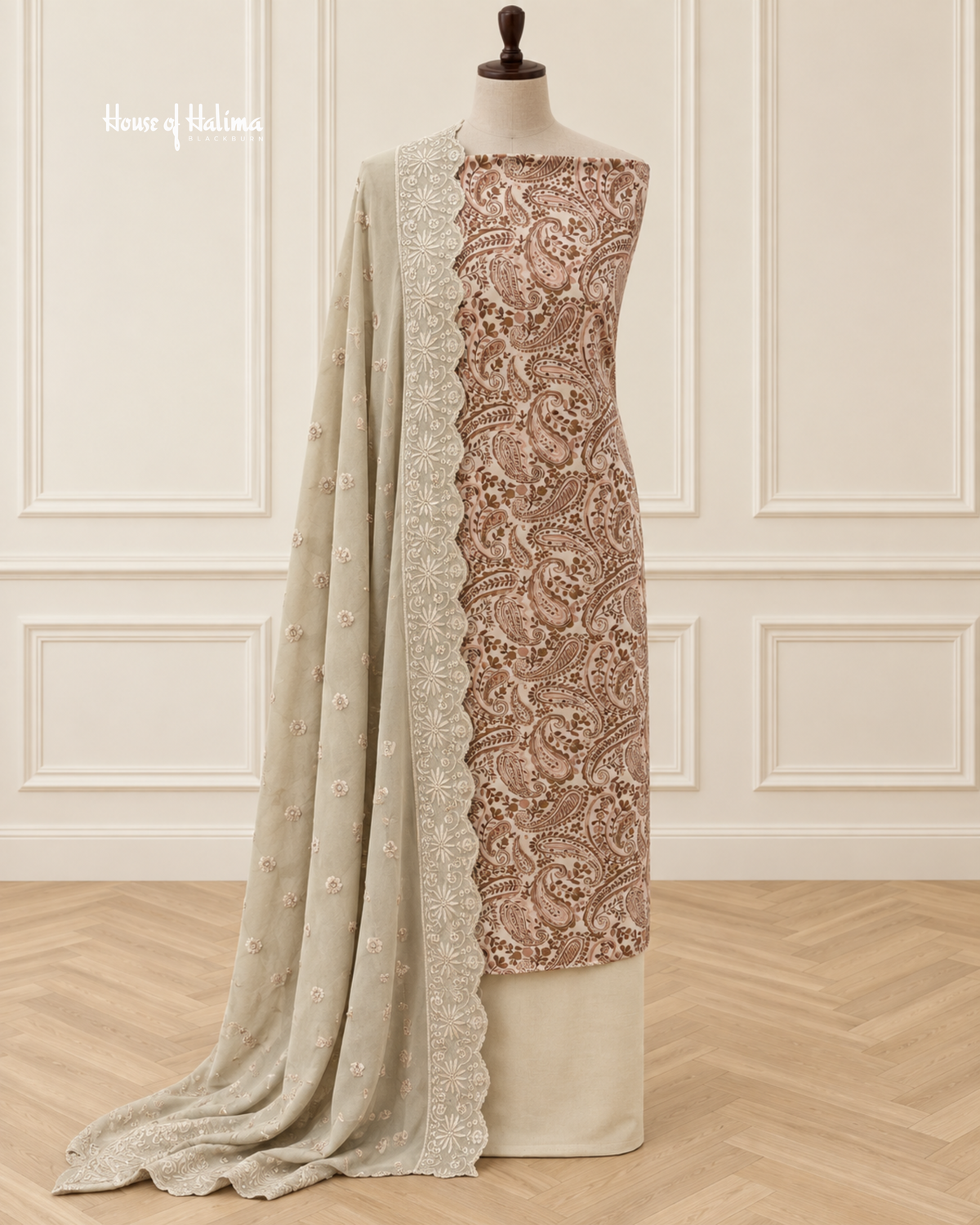 Printed Alpine 3 Piece Suit with Embroidered Shawl