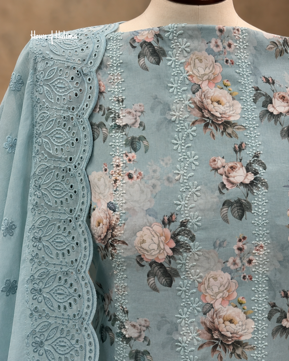 3 Piece Embroidered Cotton Lawn Suit with Rose Floral Print & Scalloped Dupatta
