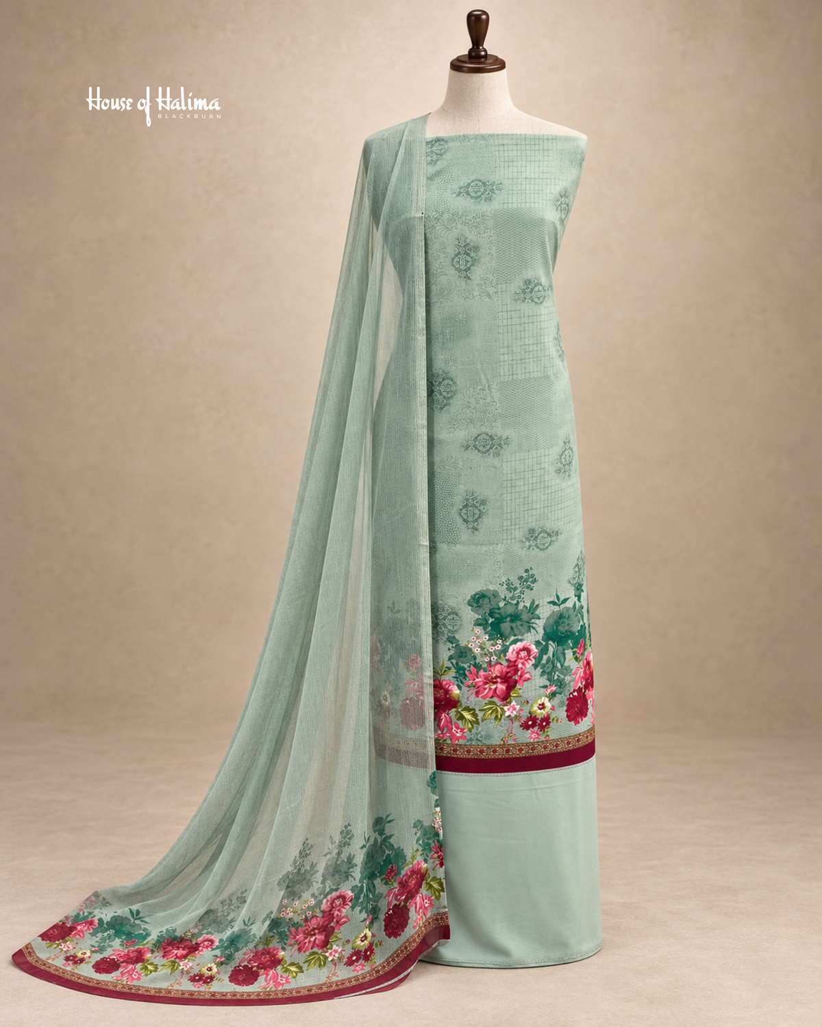 French Crepe Floral Border 3-Piece Unstitched Suit