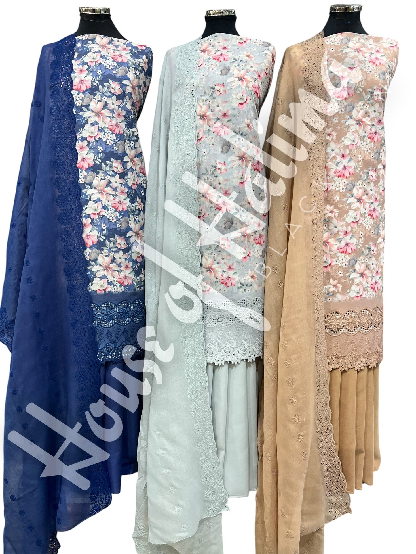 Floral cottons with chemical lace 3pcs