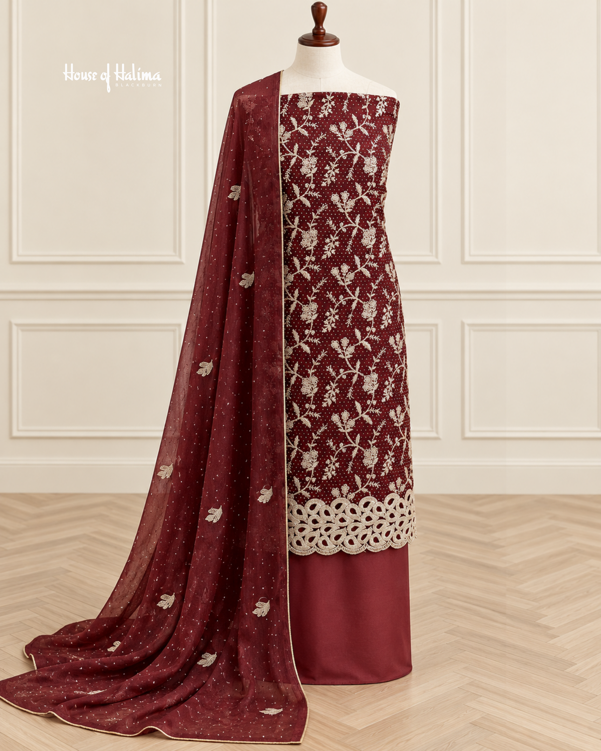 Four Piece Shisha Silk Suit with Heavy Zari Embroidery