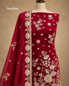 Heavy Zardozi Embroidered Unstitched Suit with Crystal & Dabka Work