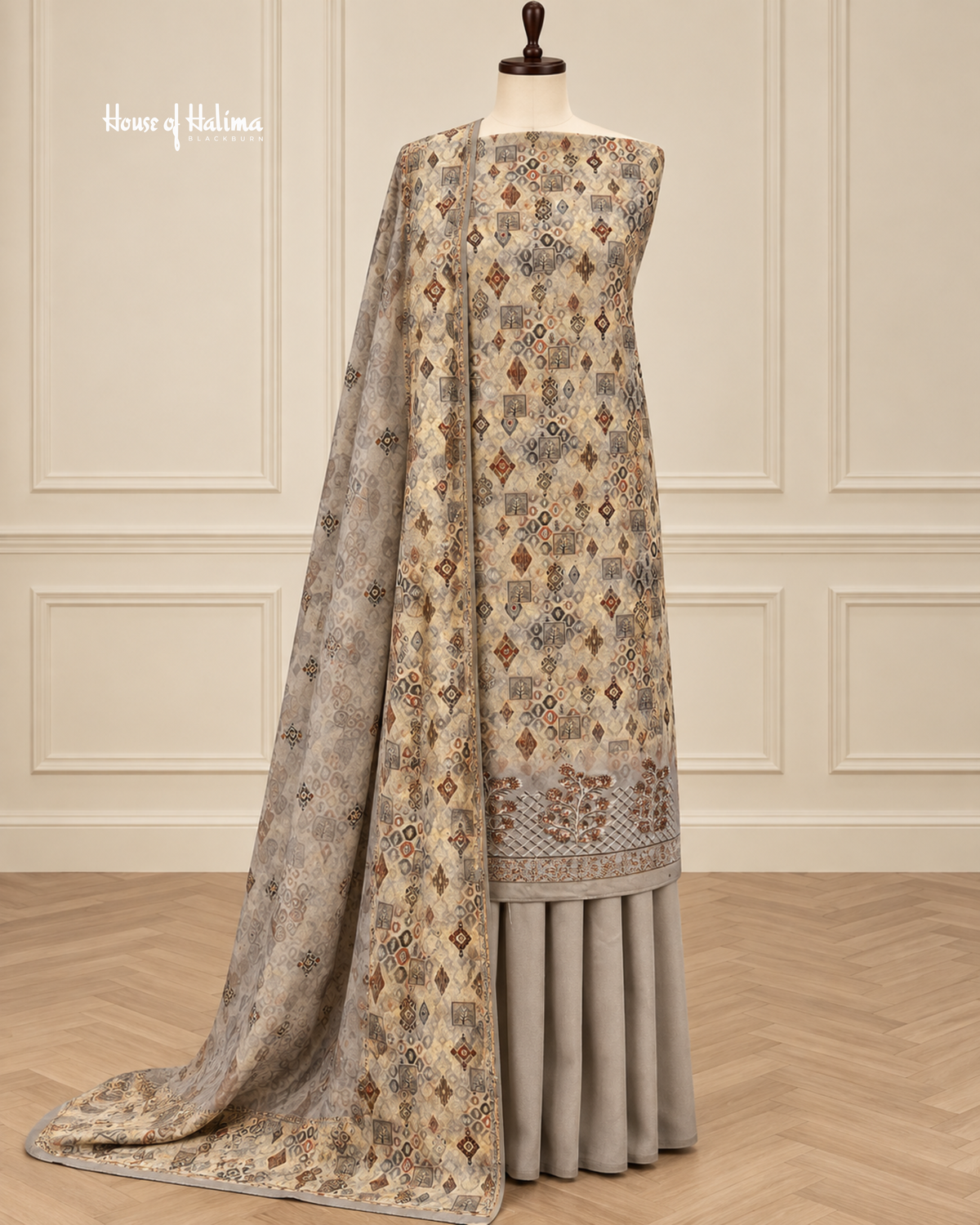 Printed Alpine 3 Piece Winter Suit with Embroidered Daaman and Matching Shawl