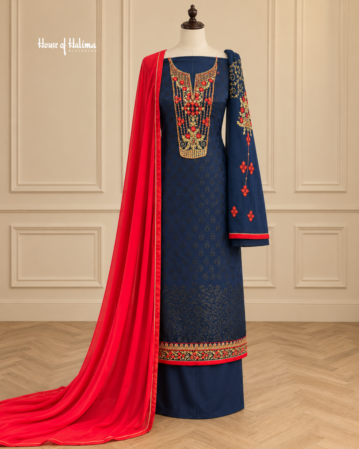 Vishal Plachi Broshia 4 Piece Suit with Embroidered Sleeves and Chiffon Dupatta