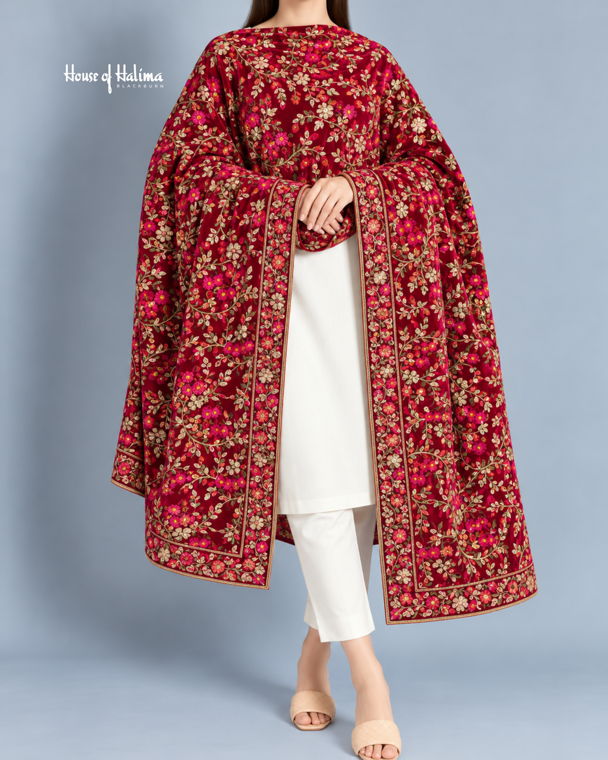 Embroidered Velvet Shawl with All-Over Floral Vine Design – 92 x 32 Inches