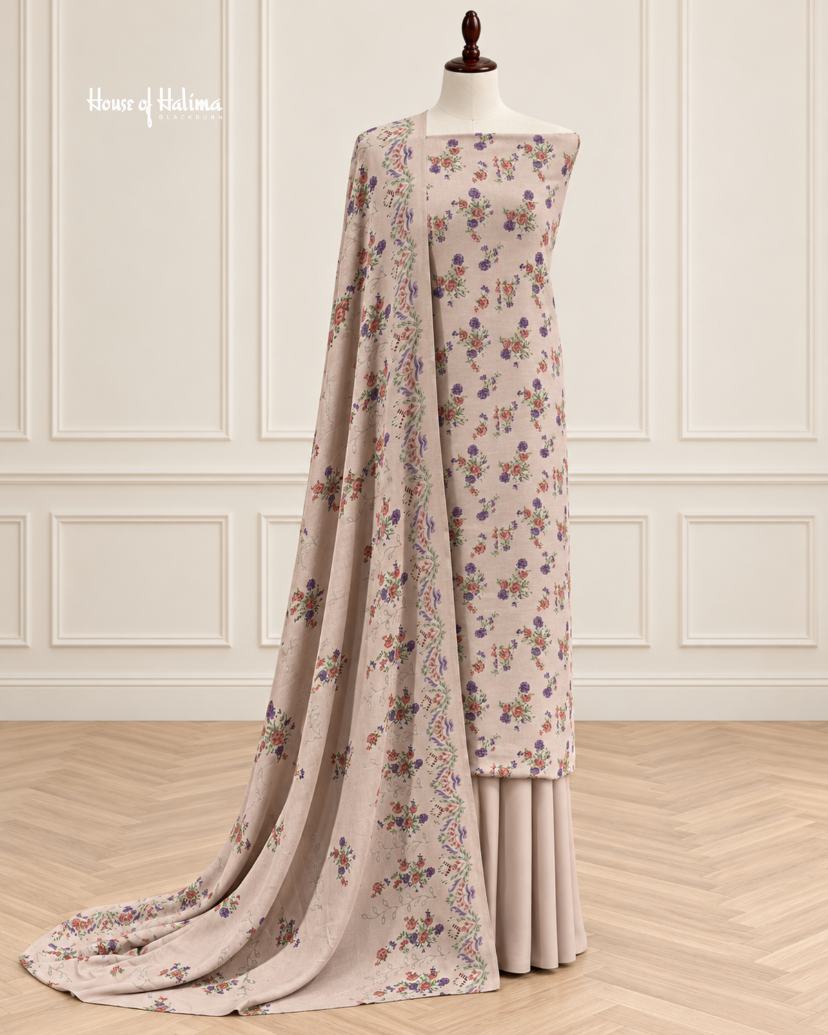 3 Piece Unstitched Alpine Suit – Floral Printed Kameez, Plain Shalwar & Burnout Shawl