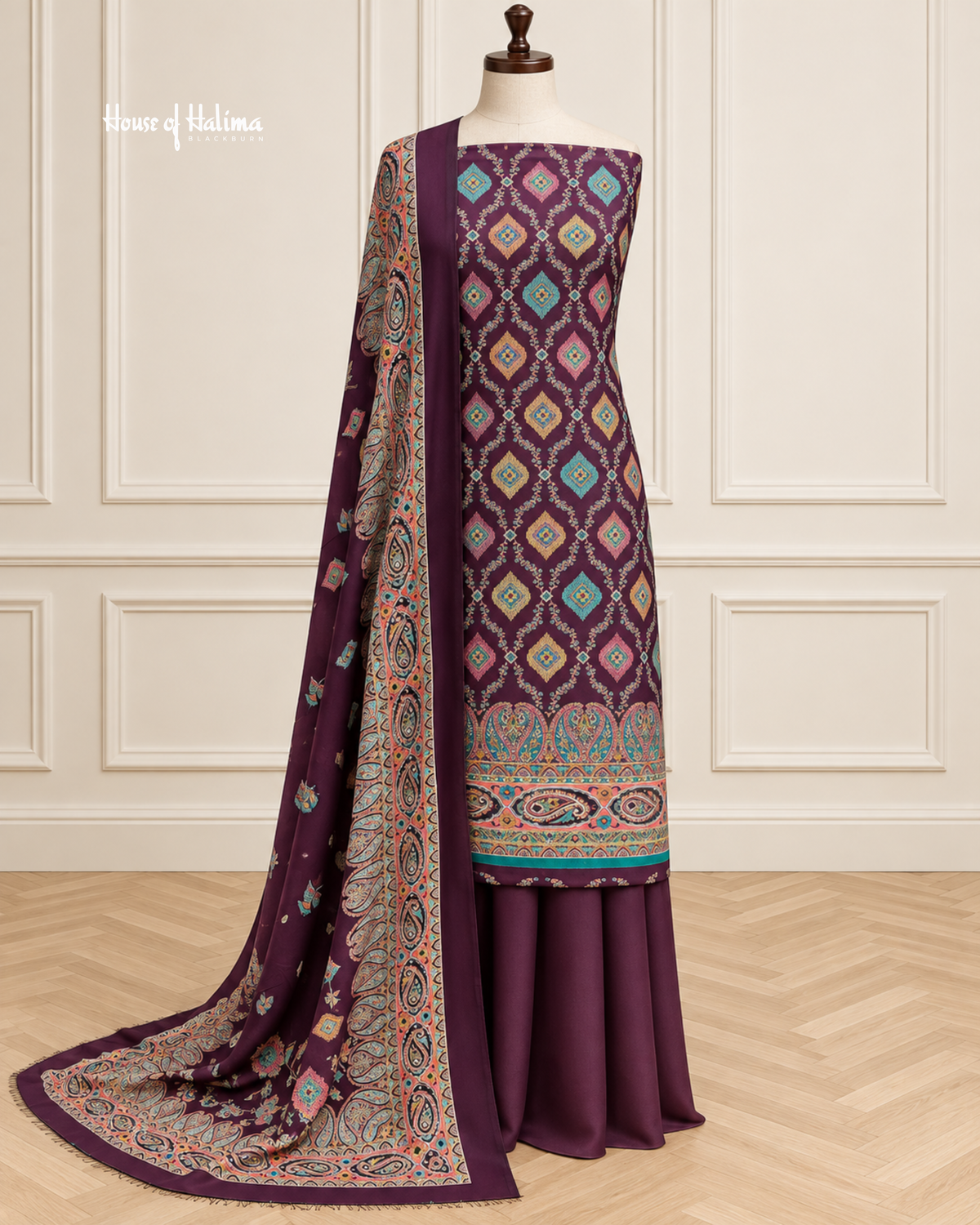 3 Piece Unstitched Alpine Suit – Printed Kameez, Plain Trouser & Burnout Paisley Shawl