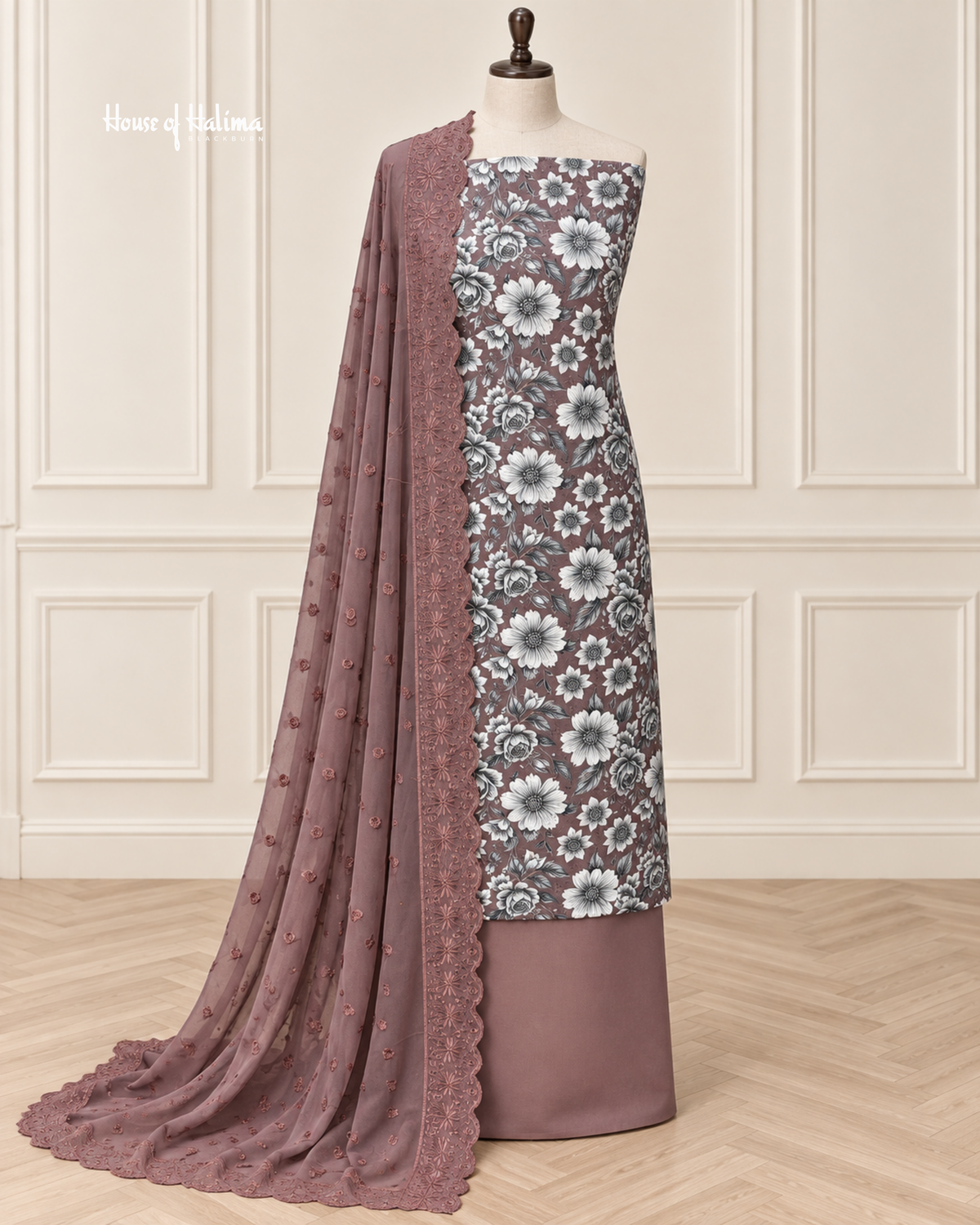 Floral Print Alpine 3 Piece Suit with Embroidered Shawl