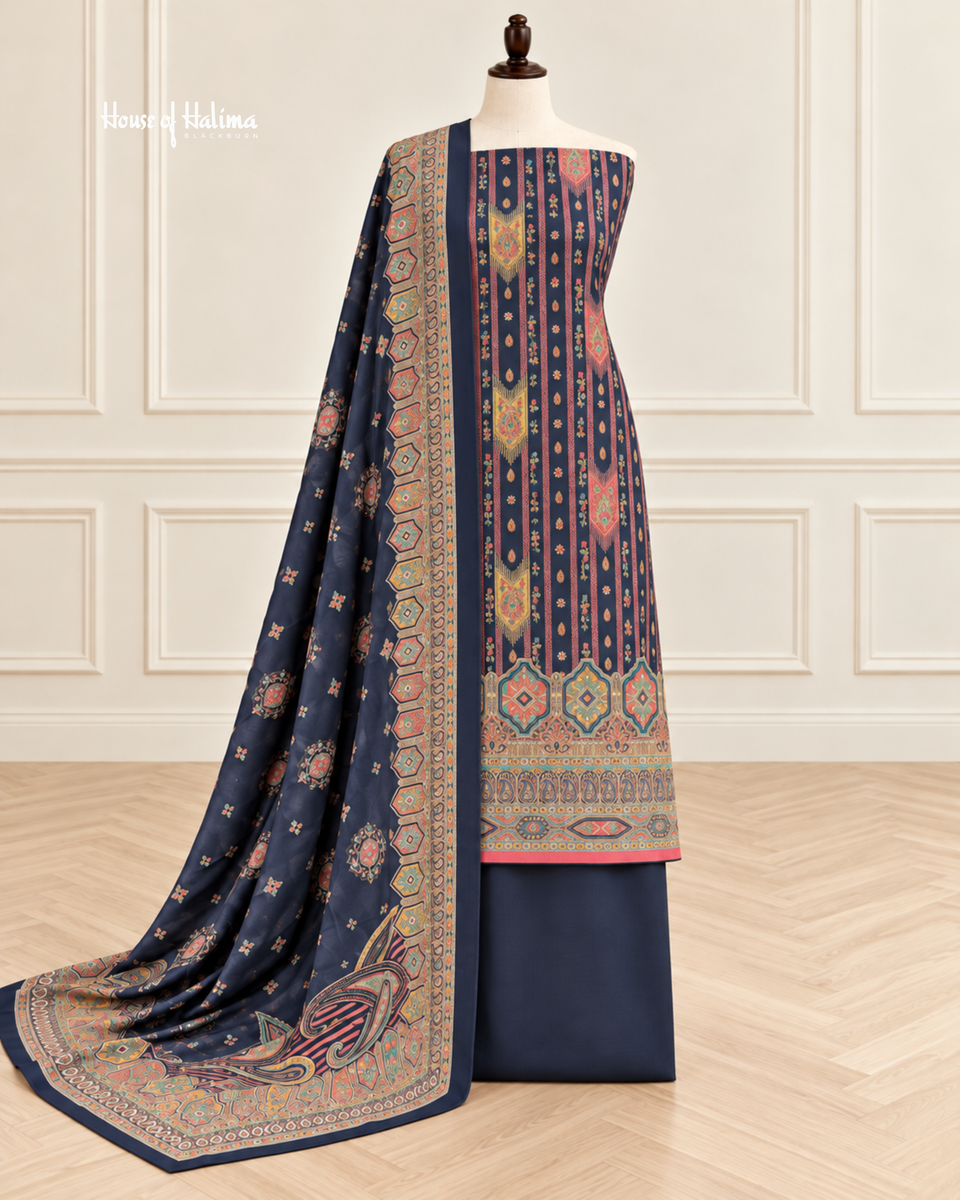 Embroidered Alpine 3 Piece Suit with Floral Shawl & Plain Shalwar