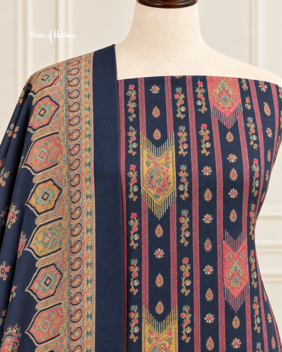 Embroidered Alpine 3 Piece Suit with Floral Shawl & Plain Shalwar