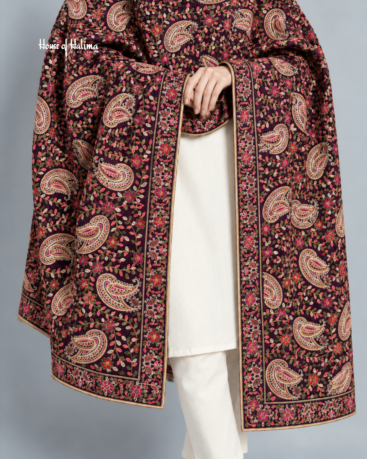 Embroidered Velvet Shawl with Paisley Floral Design – 92 x 32 Inches