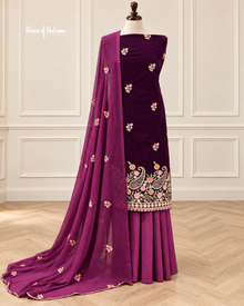 3 Piece Unstitched Micro Velvet Embroidered Suit – Chiffon Dupatta & French Crepe Shalwar | Multiple Colours
