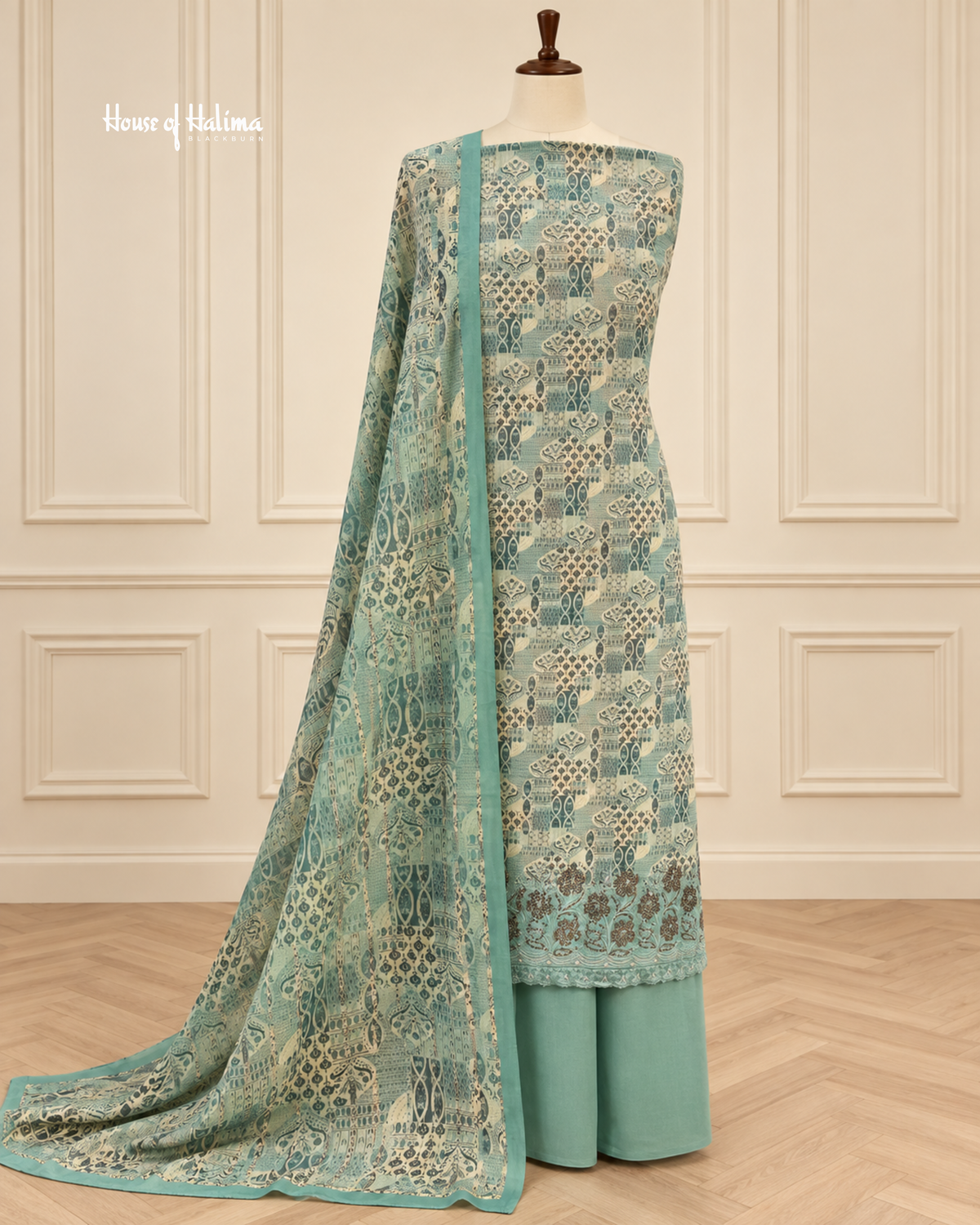 Printed Alpine 3 Piece Winter Suit with Embroidered Daaman and Matching Shawl