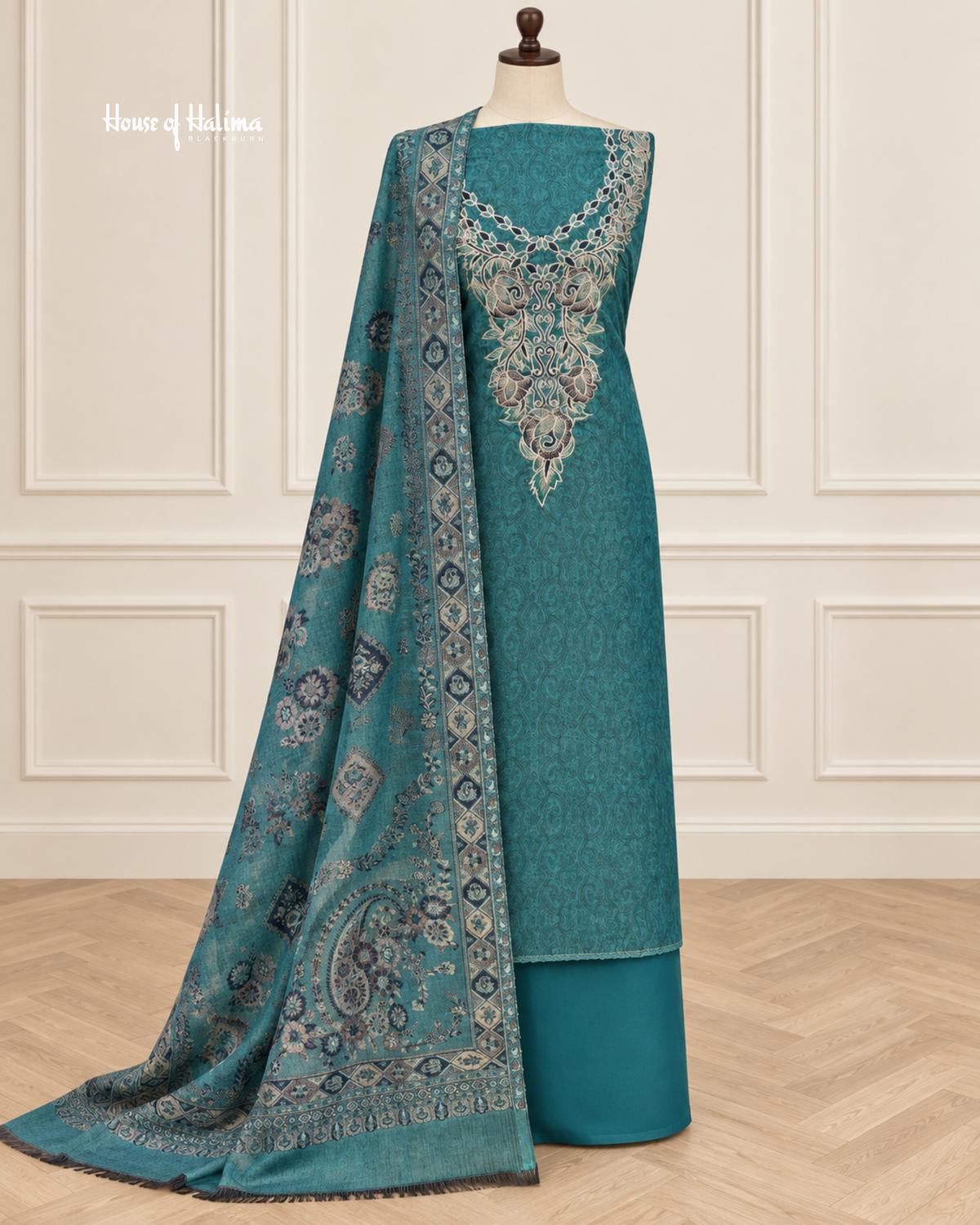 Embroidered Micro Velvet 3 Piece Suit with Woven Shawl