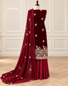 3 Piece Unstitched Micro Velvet Embroidered Suit – Chiffon Dupatta & French Crepe Shalwar | Multiple Colours