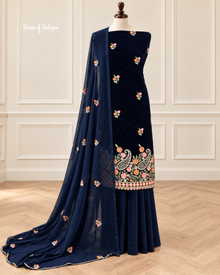 3 Piece Unstitched Micro Velvet Embroidered Suit – Chiffon Dupatta & French Crepe Shalwar | Multiple Colours