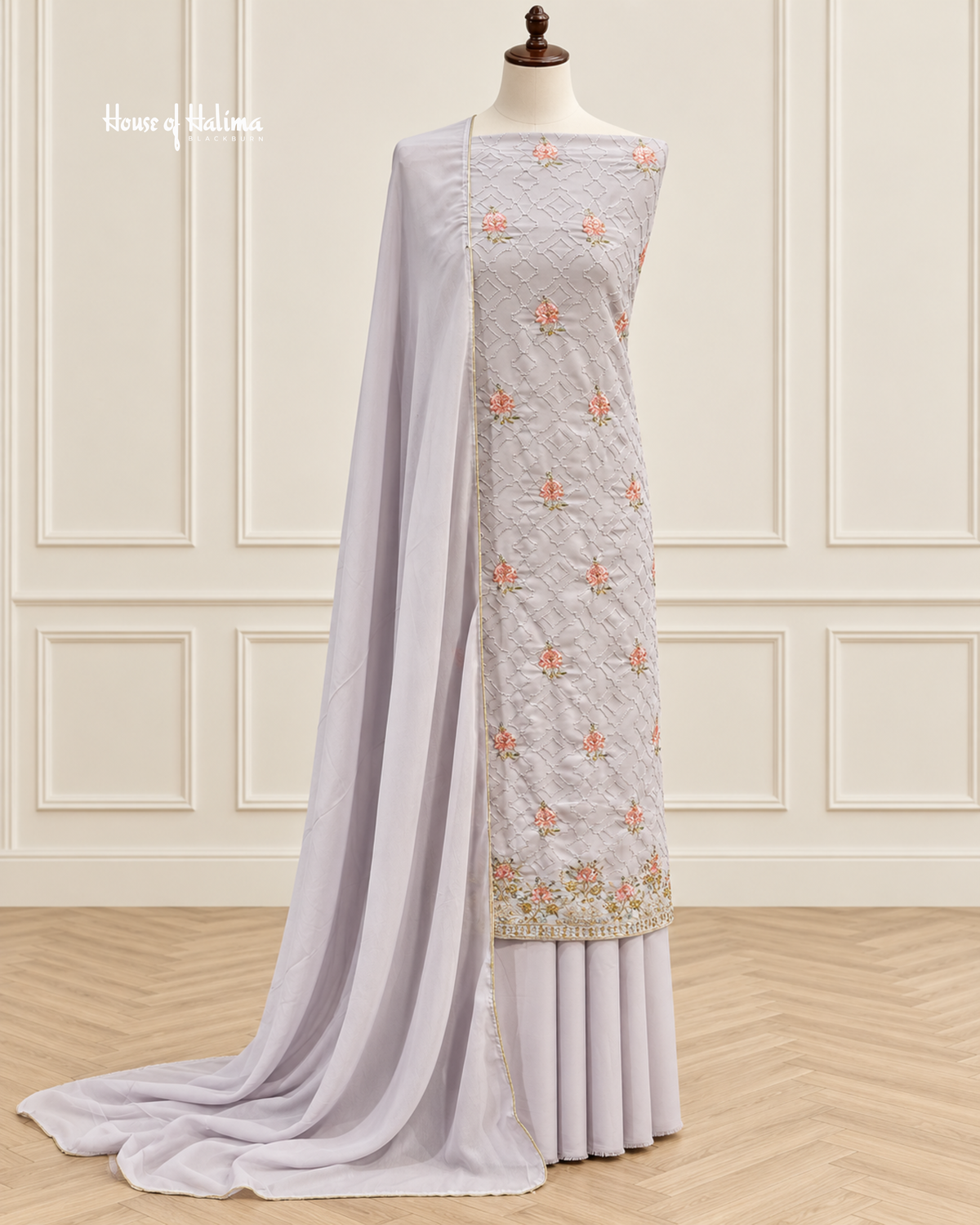 Pastel Georgette 3 Piece Suit with Doriwork Embroidery and Floral Daaman