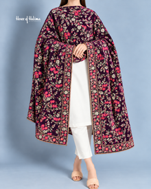 Embroidered Velvet Shawl with All-Over Floral Vine Design – 92 x 32 Inches