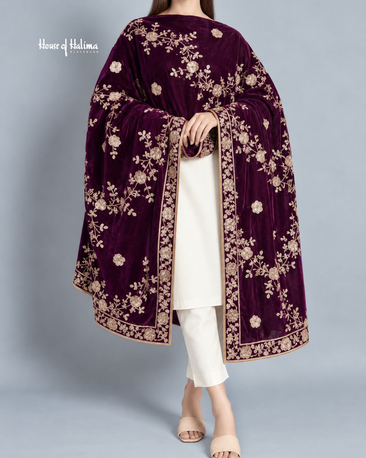 Embroidered Velvet Shawl with Floral Vine Sequin Work – 92 x 32 Inches