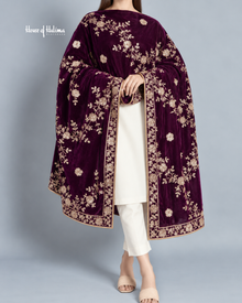 Embroidered Velvet Shawl with Floral Vine Sequin Work – 92 x 32 Inches