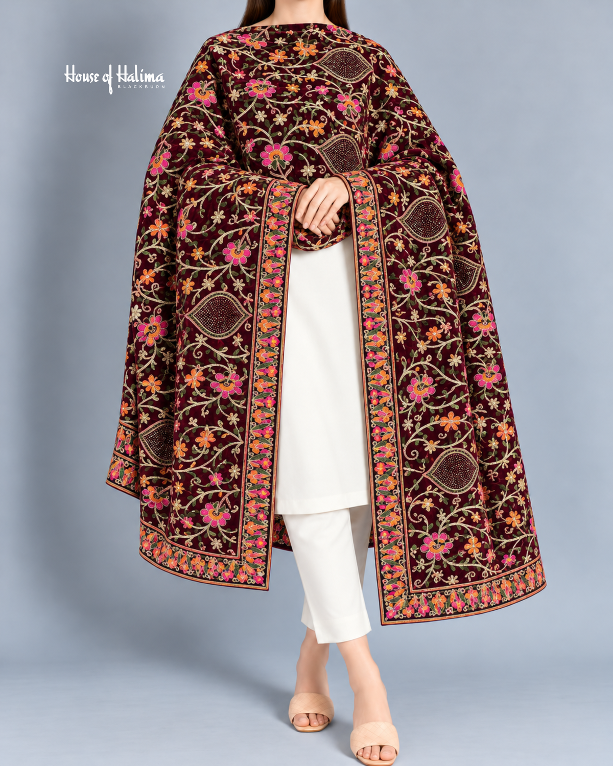 Embroidered Velvet Shawl with Floral Vine and Teardrop Motifs – 92 x 32 Inches