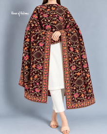 Embroidered Velvet Shawl with Floral Vine and Teardrop Motifs – 92 x 32 Inches