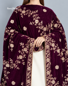 Embroidered Velvet Shawl with Floral Vine Sequin Work – 92 x 32 Inches