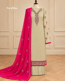 Vishal Plachi Broshia 4 Piece Suit with Embroidered Sleeves and Chiffon Dupatta