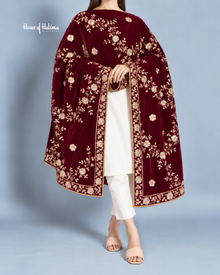 Embroidered Velvet Shawl with Floral Vine Sequin Work – 92 x 32 Inches