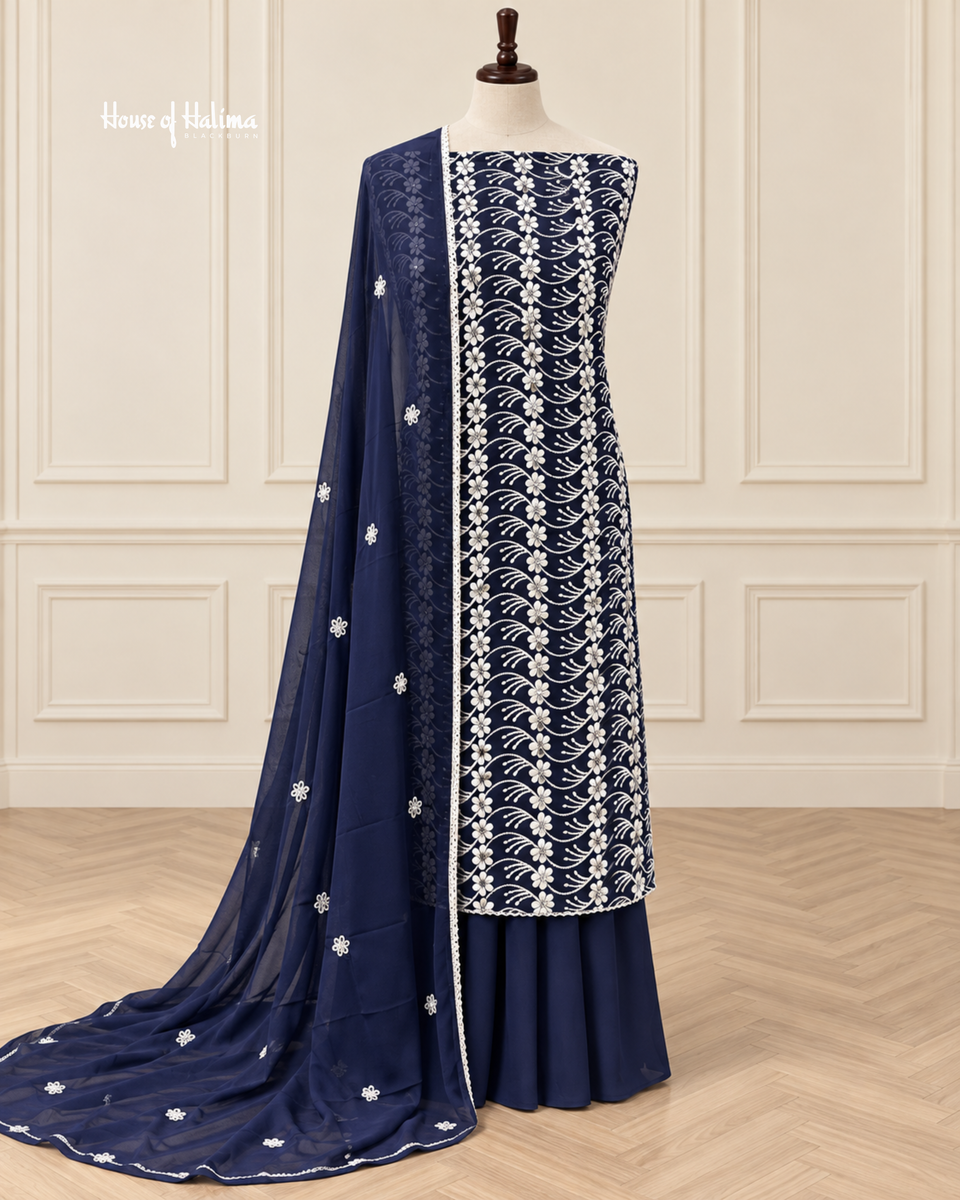 4 Piece Embroidered Georgette Suit with Floral Kameez, French Crepe Shalwar & Dupatta