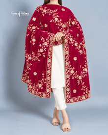 Embroidered Velvet Shawl with Floral Vine Sequin Work – 92 x 32 Inches