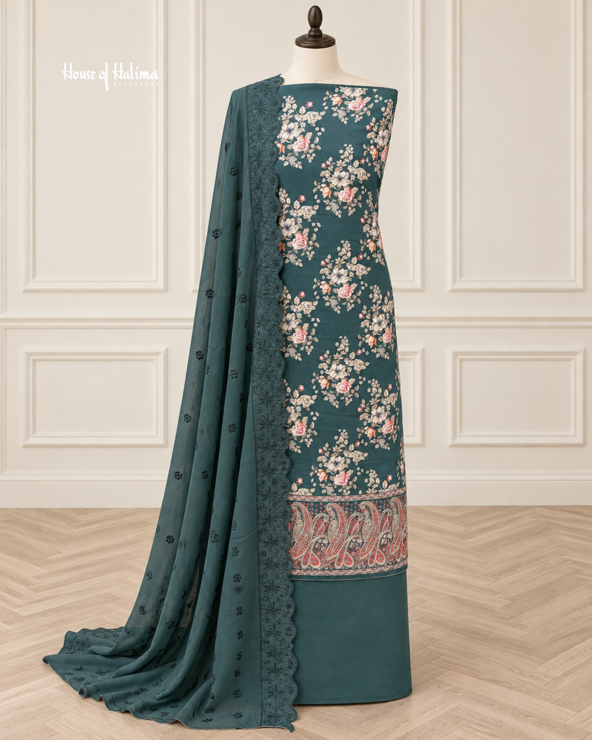 Floral Alpine 3 Piece Suit with Aariwork Paisley Border and Embroidered Shawl (2085)