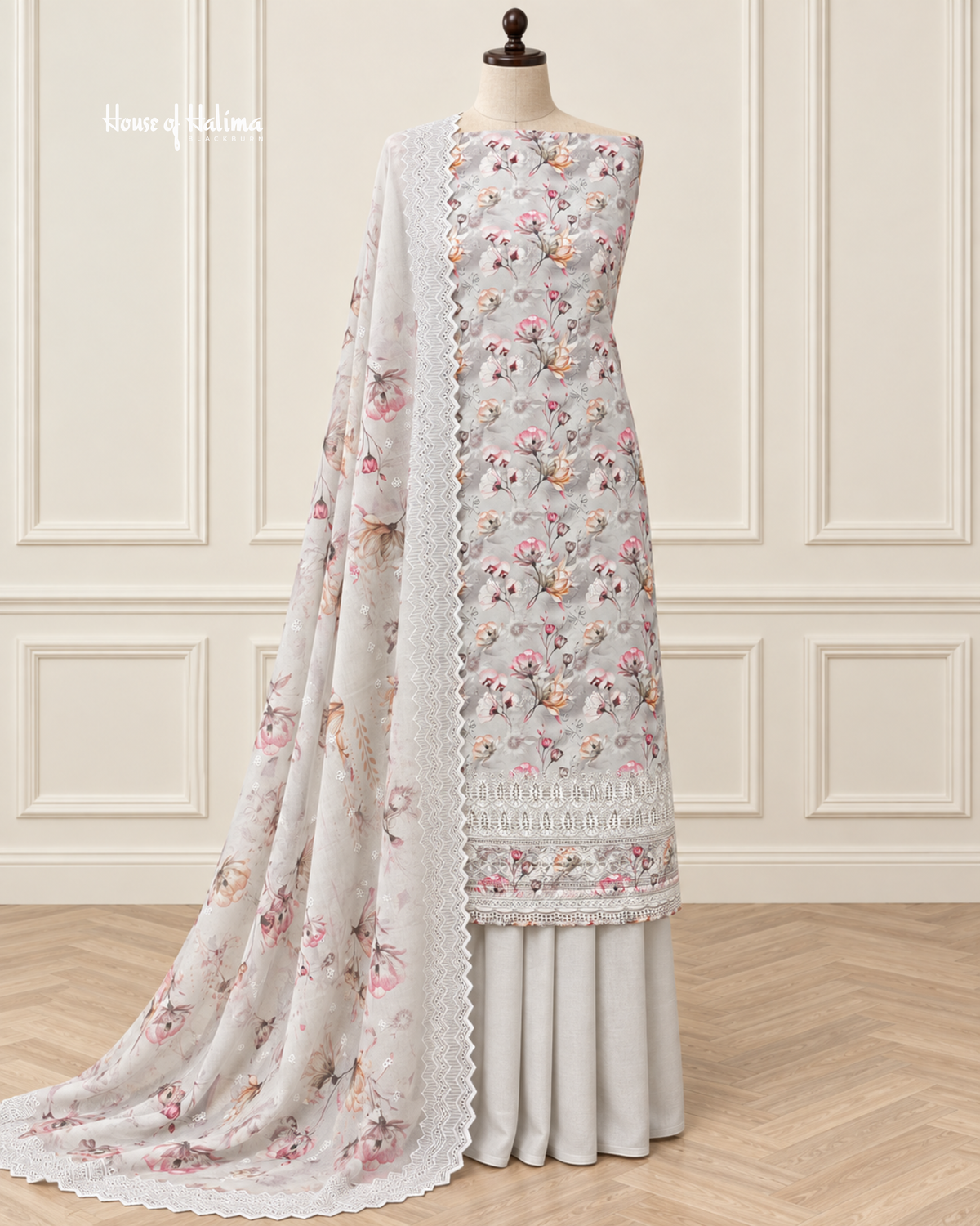 Floral Printed Alpine 3 Piece Suit with Schiffli Cutwork Border