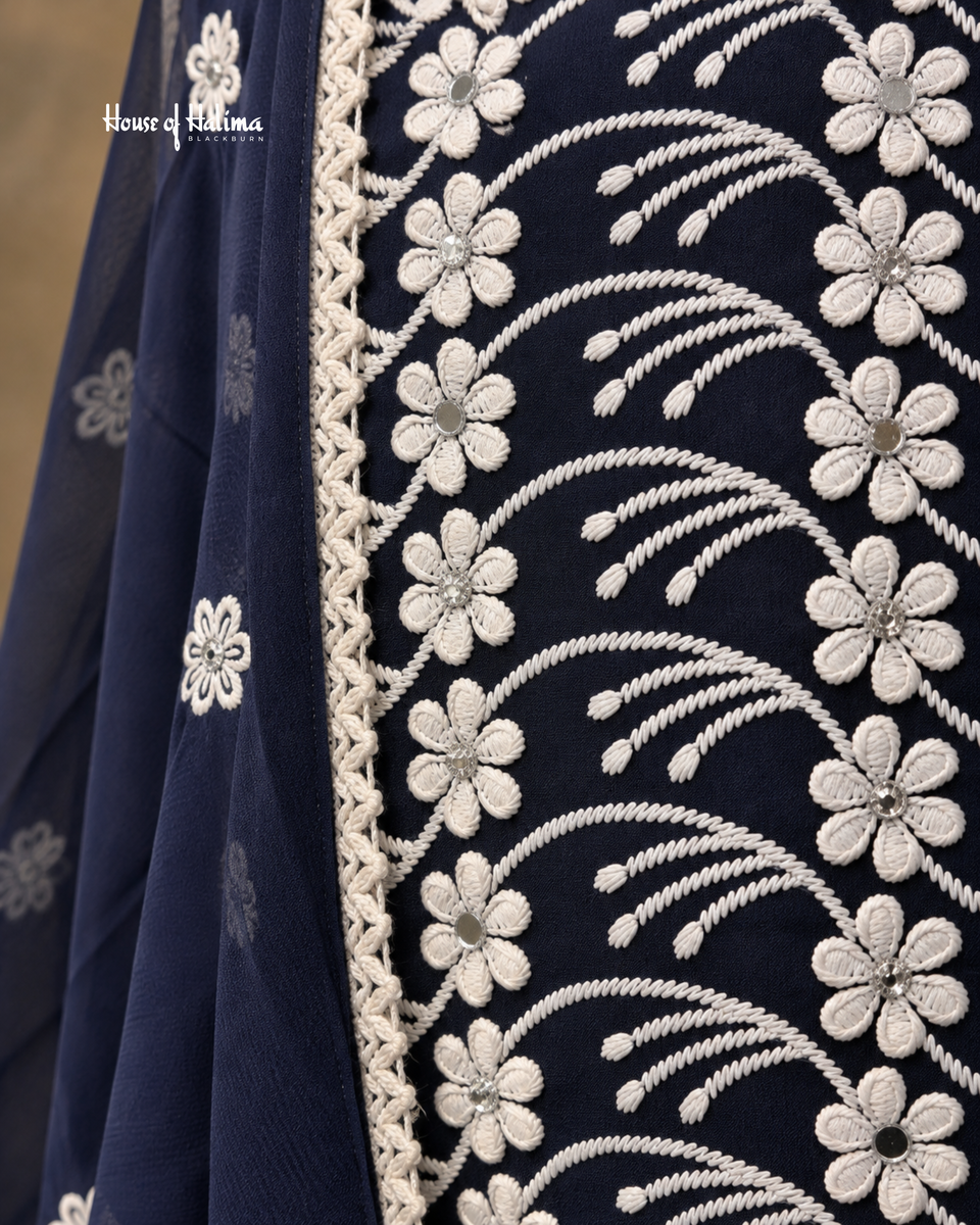 4 Piece Embroidered Georgette Suit with Floral Kameez, French Crepe Shalwar & Dupatta