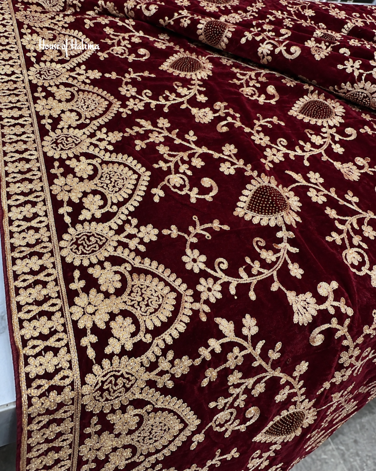 Gold Embroidered Velvet Shawl with Floral Vine & Paisley Border – 92 x 32 Inches